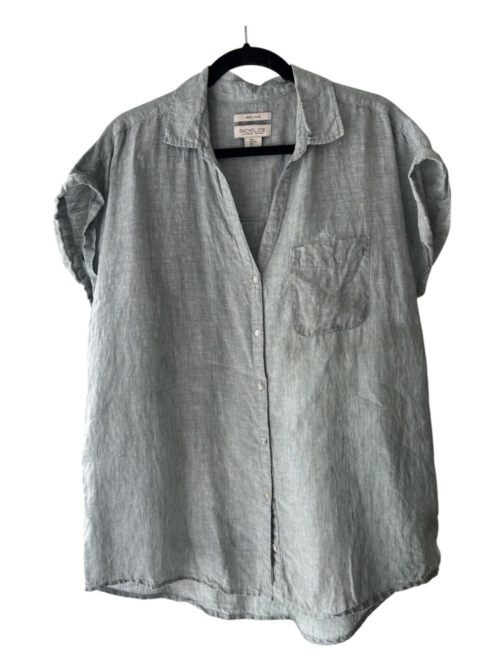 Rachel Zoe Light Gray Green Linen Short Sleeve Button-Down Shirt L EUC Resortwea